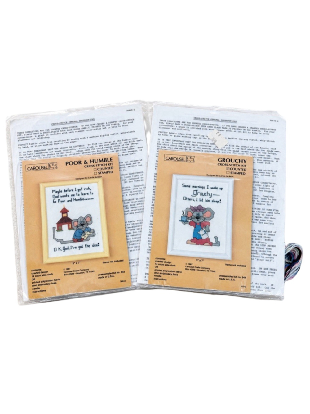 Vtg 1987 Carousel Crafts Counted Cross Stitch Kit Lot 2 Mouse Carole Jackson 5x7